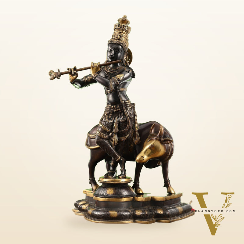 Superfine Krishna with Cow Statue - Handcrafted Brass, 26" Tall, 27kg
