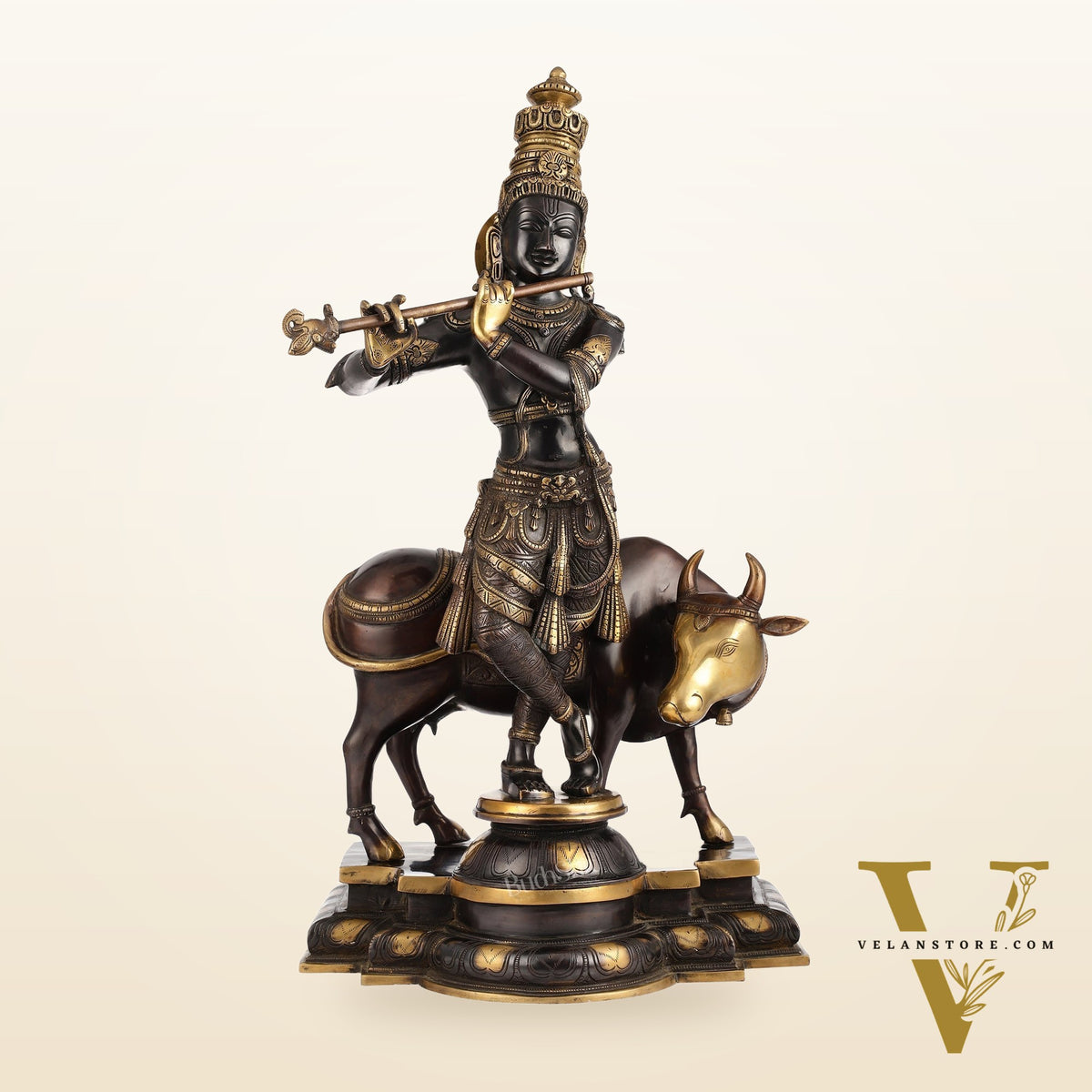 Superfine Krishna with Cow Statue - Handcrafted Brass, 26" Tall, 27kg