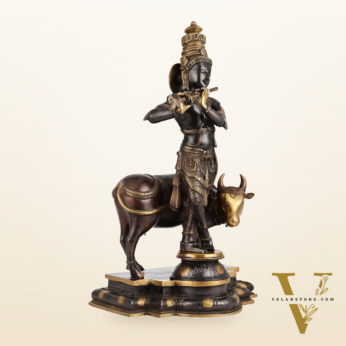 Superfine Krishna with Cow Statue - Handcrafted Brass, 26" Tall, 27kg