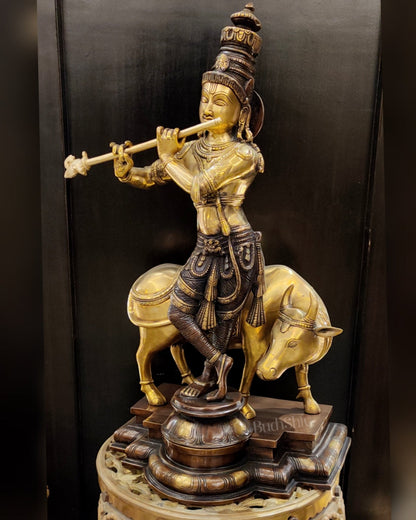 Superfine Krishna with Cow Sculpture - Dual Tone Copper Wash, 25.5" Tall, 26kg