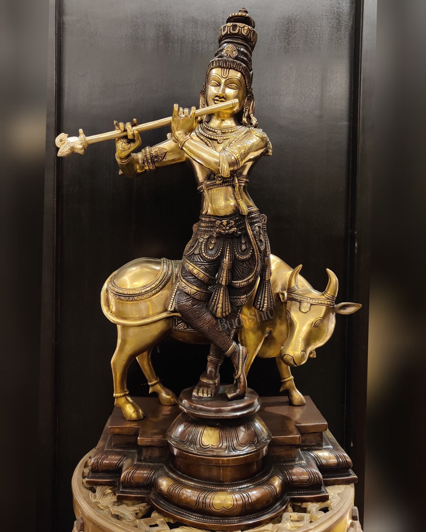 Superfine Krishna with Cow Sculpture - Dual Tone Copper Wash, 25.5" Tall, 26kg