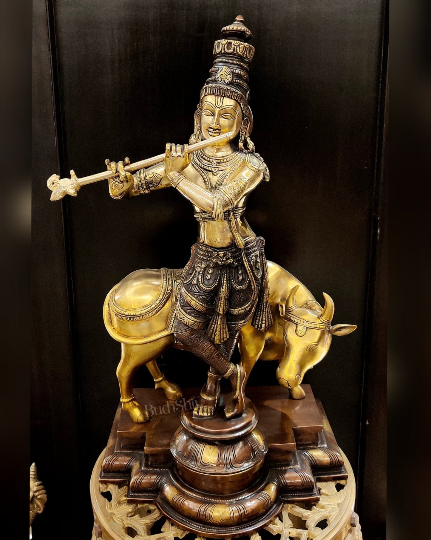 Superfine Krishna with Cow Sculpture - Dual Tone Copper Wash, 25.5" Tall, 26kg