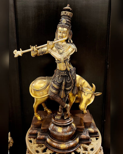 Superfine Krishna with Cow Sculpture - Dual Tone Copper Wash, 25.5" Tall, 26kg