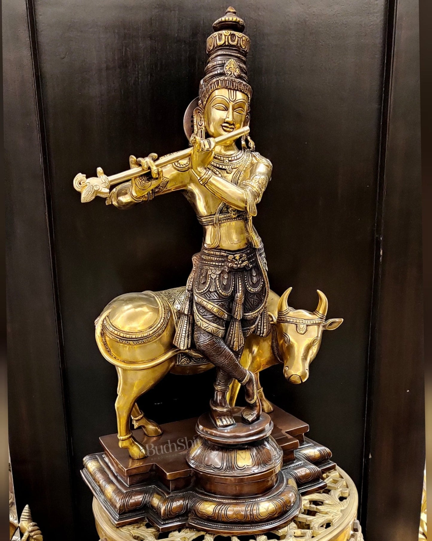 Superfine Krishna with Cow Sculpture - Dual Tone Copper Wash, 25.5" Tall, 26kg