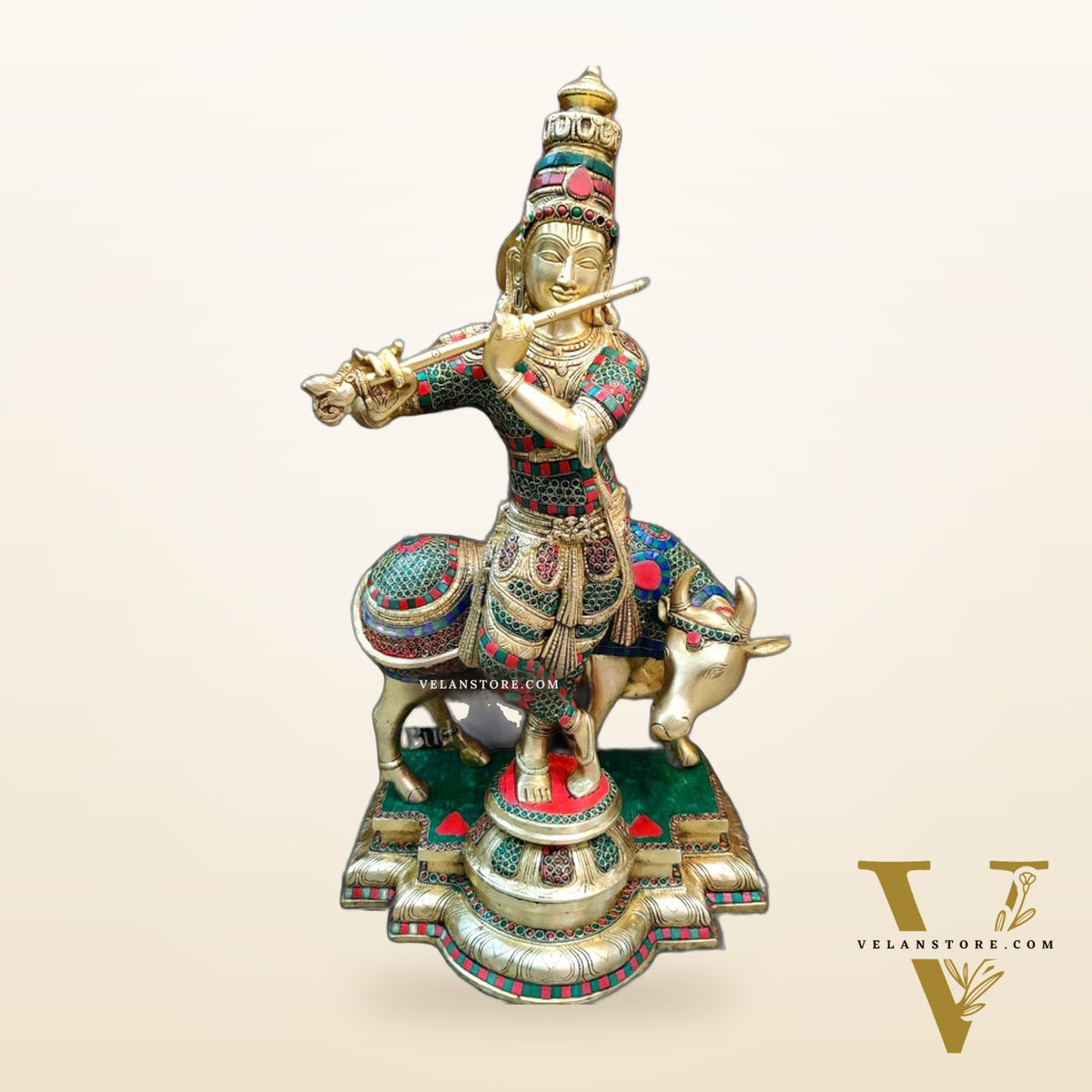 Superfine Krishna With Cow Statue in Fine Brass - Meenakari Stonework - 25 inch