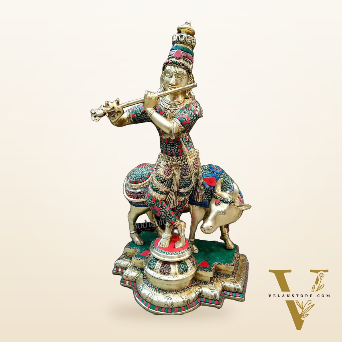 Superfine Krishna With Cow Statue in Fine Brass - Meenakari Stonework - 25 inch
