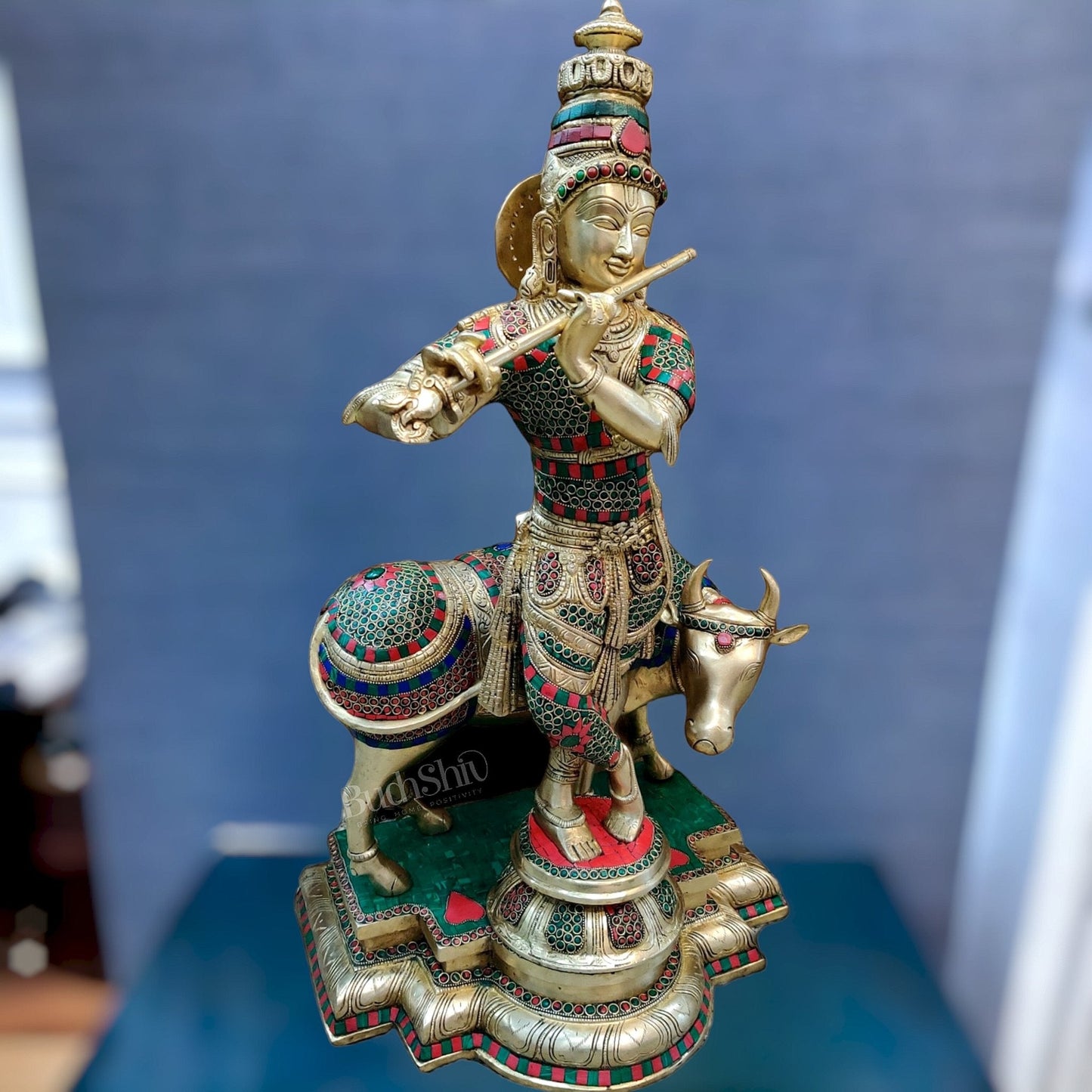 Superfine Krishna With Cow Statue in Fine Brass - Meenakari Stonework - 25 inch