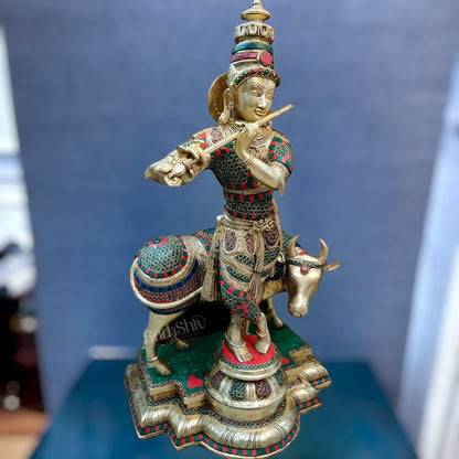 Superfine Krishna With Cow Statue in Fine Brass - Meenakari Stonework - 25 inch