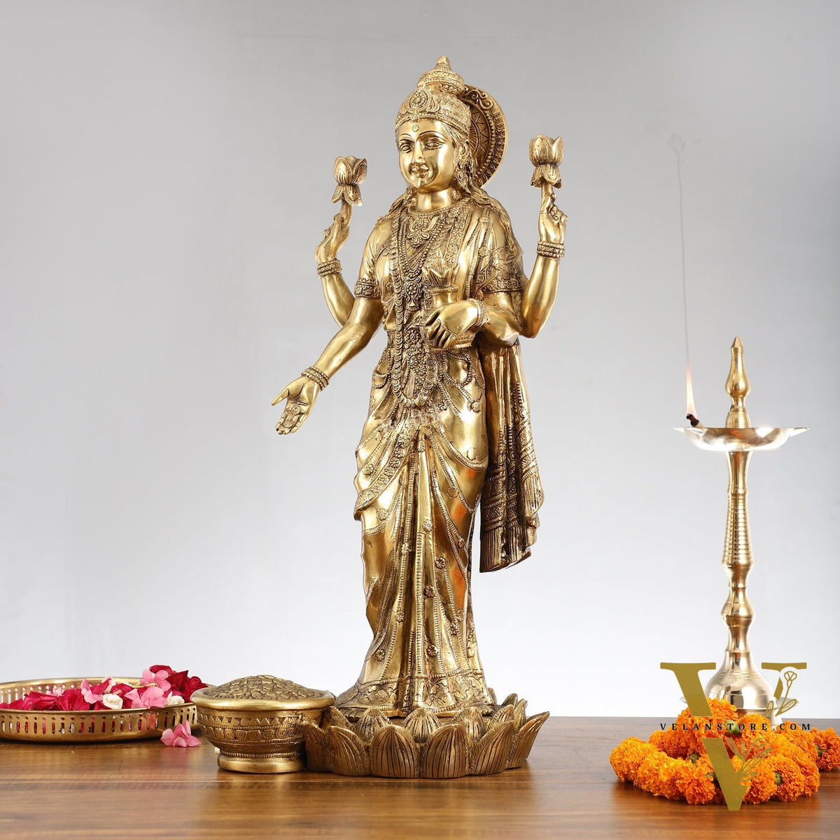 Superfine Standing Dhan Lakshmi Brass Murti - 25 inch