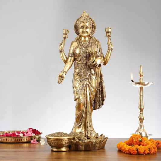 Superfine Standing Dhan Lakshmi Brass Murti - 25 inch