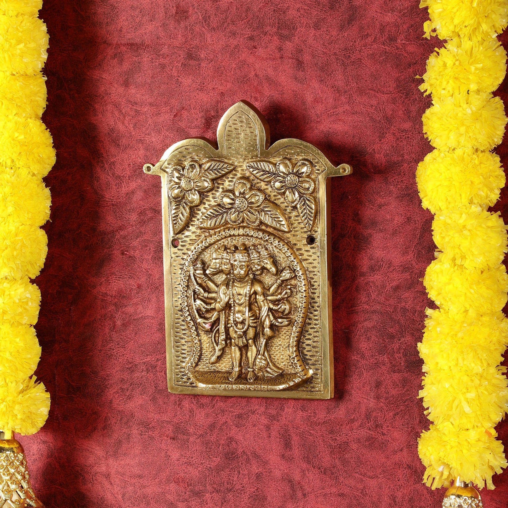 Superfine Standing Panchmukhi Hanuman Brass Wall Hanging - 9-inch