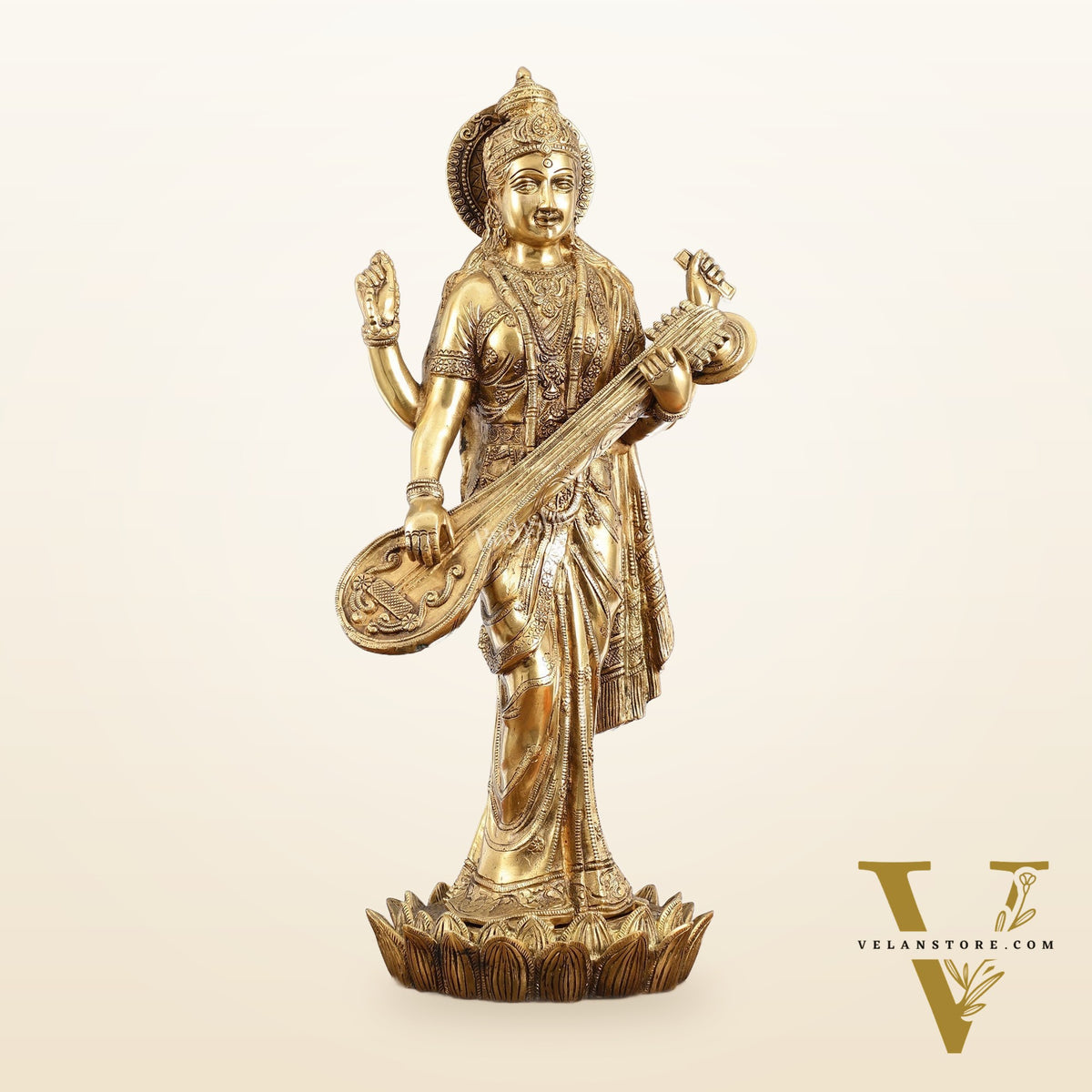 Superfine Standing Saraswati Brass Murti - 25 inch