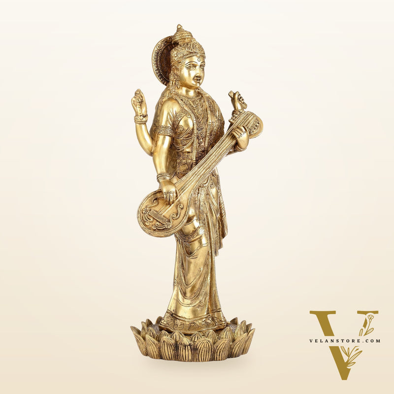 Superfine Standing Saraswati Brass Murti - 25 inch