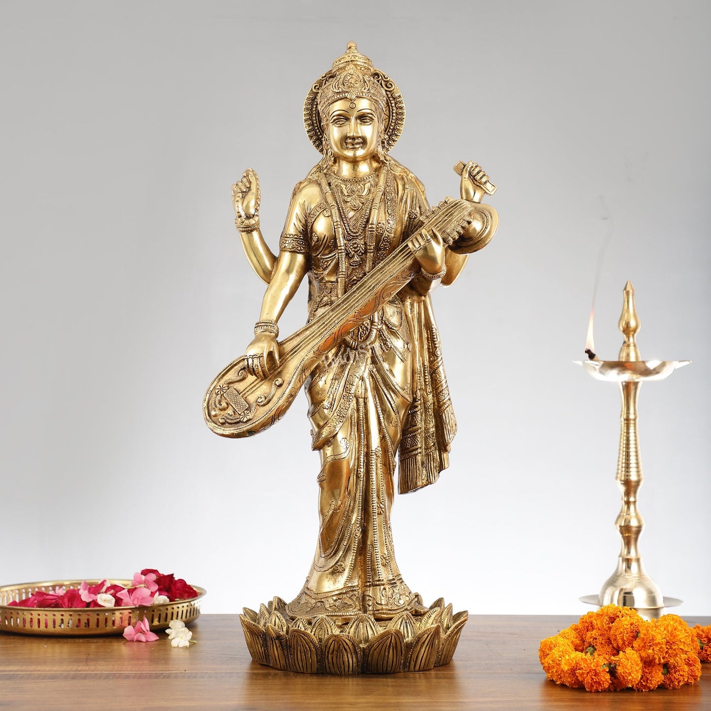 Superfine Standing Saraswati Brass Murti - 25 inch