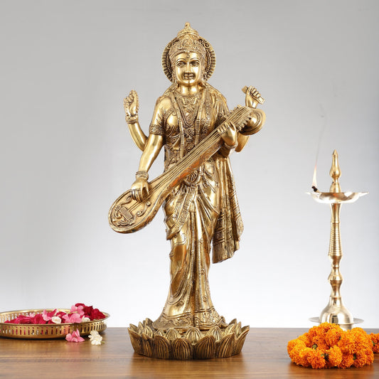 Superfine Standing Saraswati Brass Murti - 25 inch