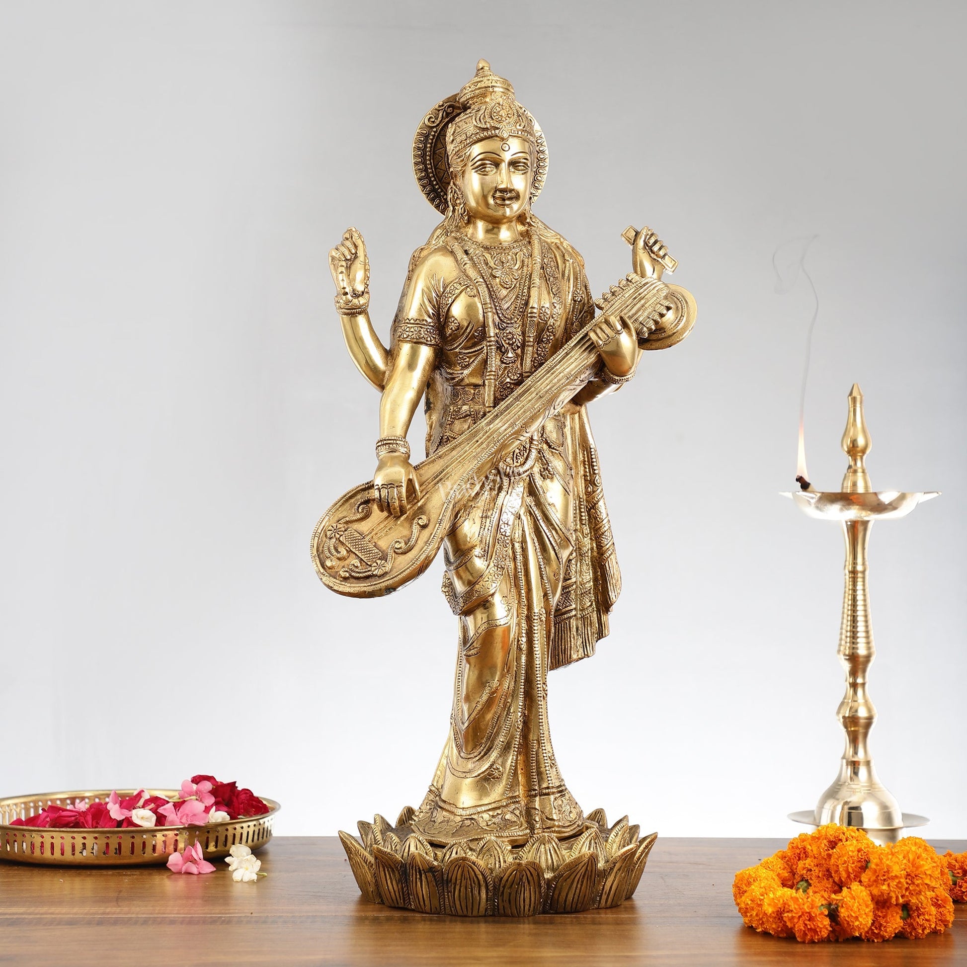 Superfine Standing Saraswati Brass Murti - 25 inch