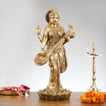 Superfine Standing Saraswati Brass Murti - 25 inch