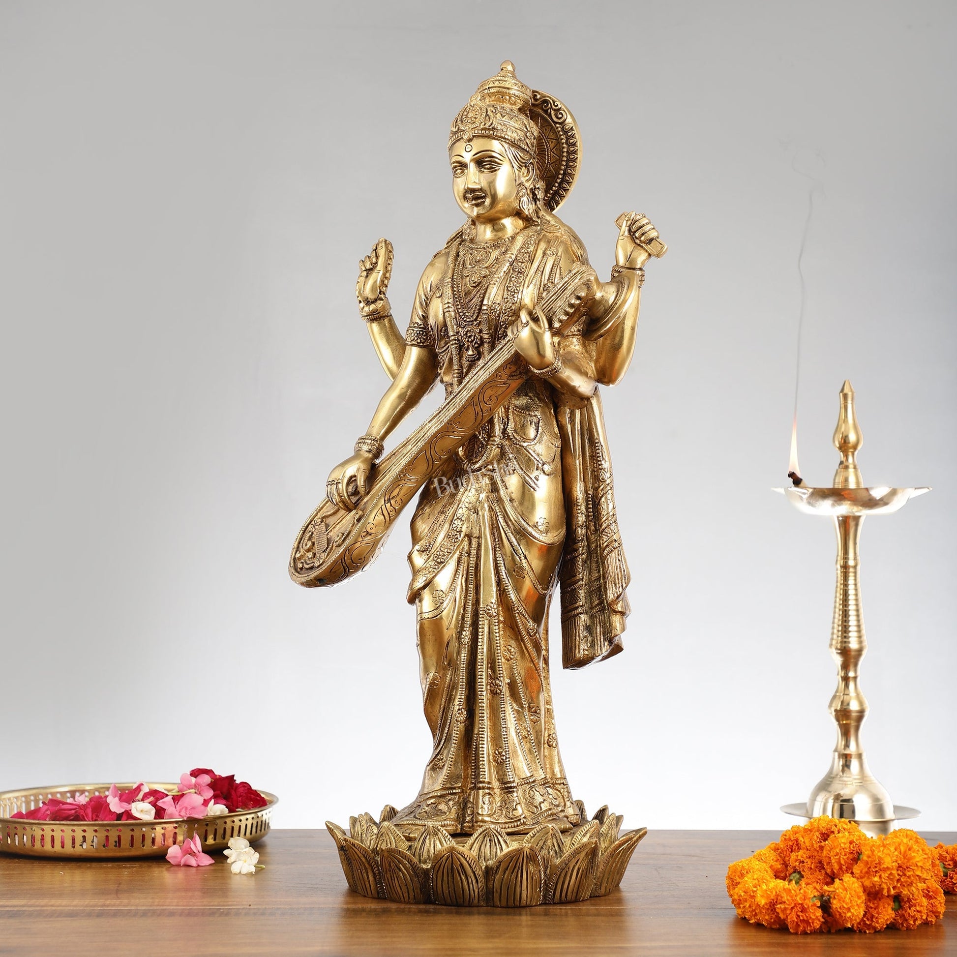 Superfine Standing Saraswati Brass Murti - 25 inch