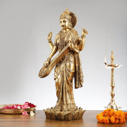 Superfine Standing Saraswati Brass Murti - 25 inch