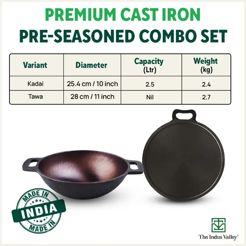 Super Smooth Cast Iron Kadai+Tawa+ Free ₹400 Tadka Pan, Kitchen set for Home, 100% Pure, Toxin-free, Nonstick