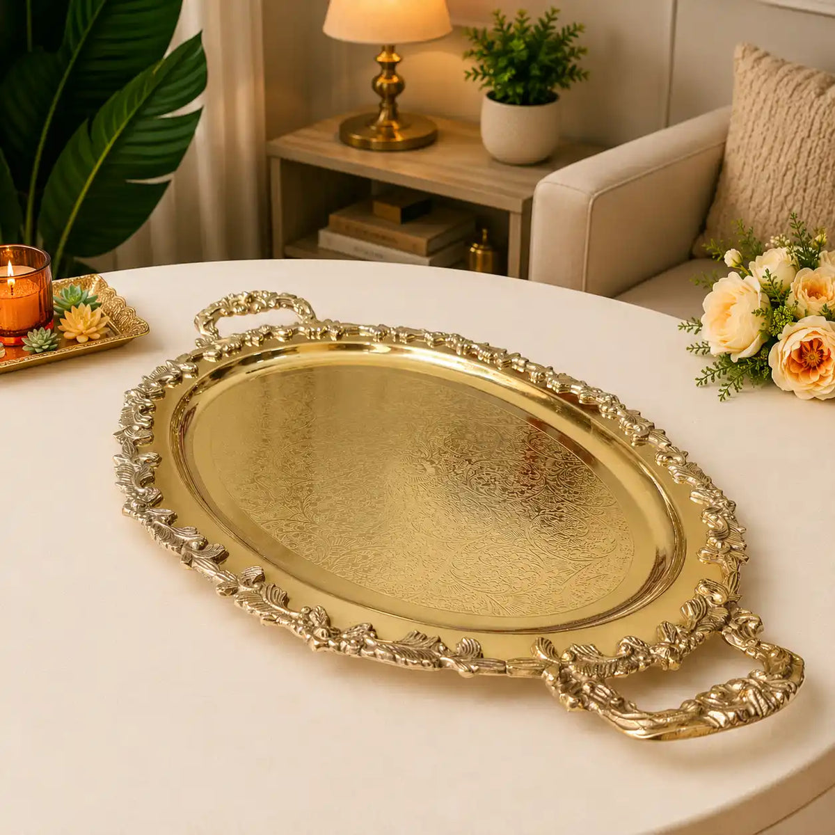 Brass Handcrafted Tray / Platter with Handle