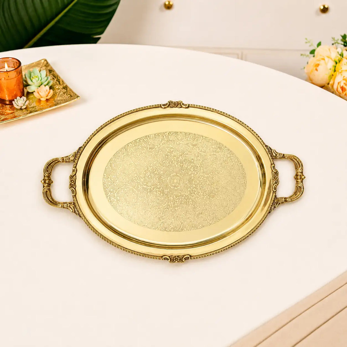 Brass Handcrafted Tray / Platter with Handle