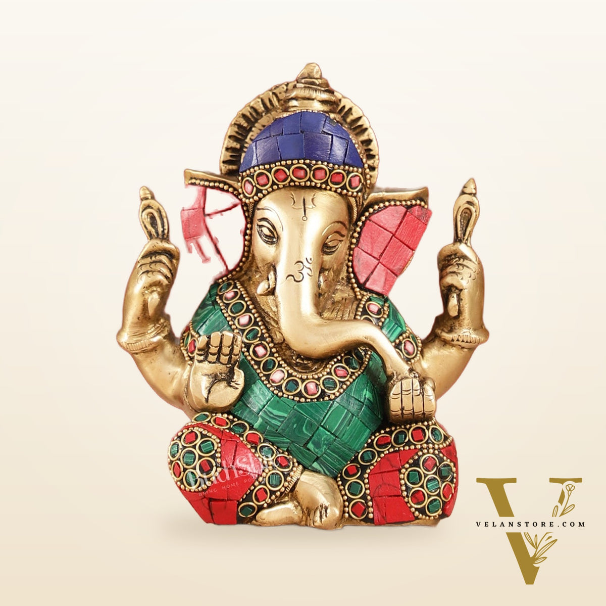Taj Ganesha Brass Figurine with meenakari stonework 6"
