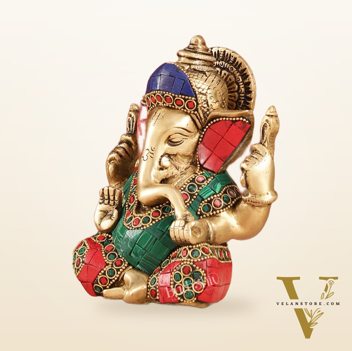 Taj Ganesha Brass Figurine with meenakari stonework 6"