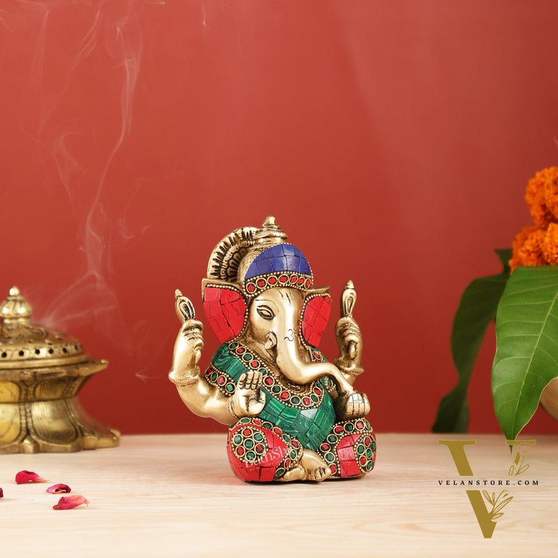 Taj Ganesha Brass Figurine with meenakari stonework 6"