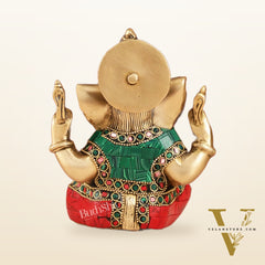 Taj Ganesha Brass Figurine with meenakari stonework 6"