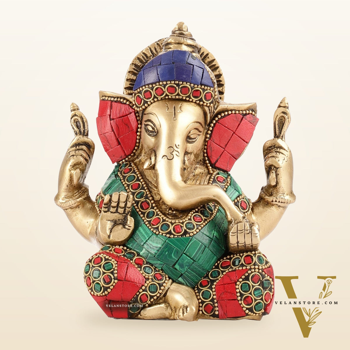 Taj Ganesha Brass Figurine with meenakari stonework 6"