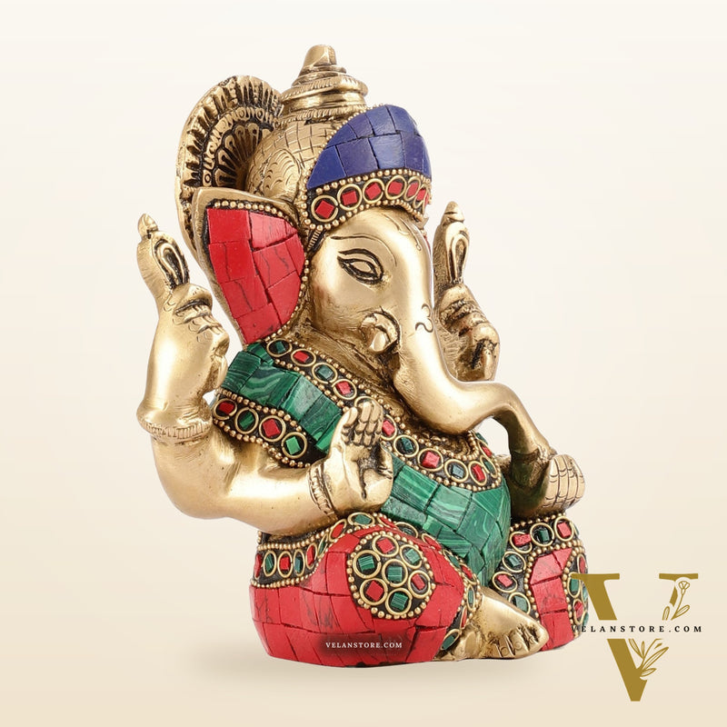 Taj Ganesha Brass Figurine with meenakari stonework 6"