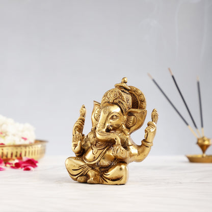 Handcrafted Taj Ganesha Brass Statue with Gold finish 6" antique
