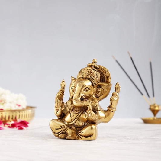 Handcrafted Taj Ganesha Brass Statue with Gold finish 6" antique