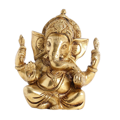 Handcrafted Taj Ganesha Brass Statue with Gold finish 6" antique