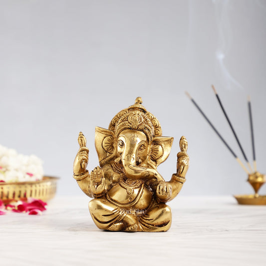 Handcrafted Taj Ganesha Brass Statue with Gold finish 6" antique