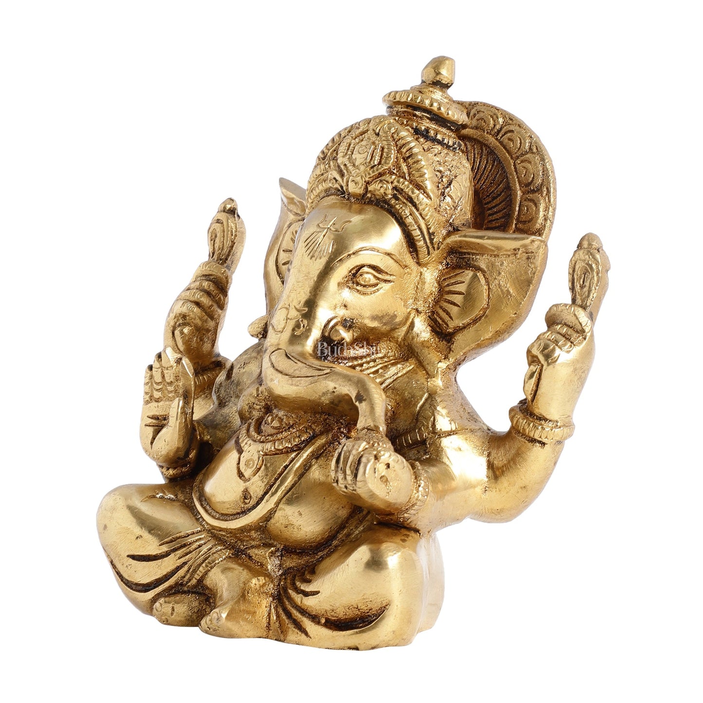 Handcrafted Taj Ganesha Brass Statue with Gold finish 6" antique