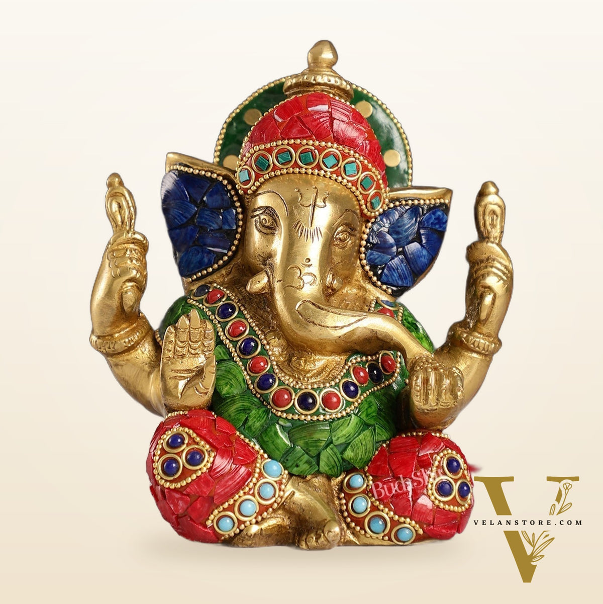 Taj Ganesha brass idol with meenakari stonework 6"