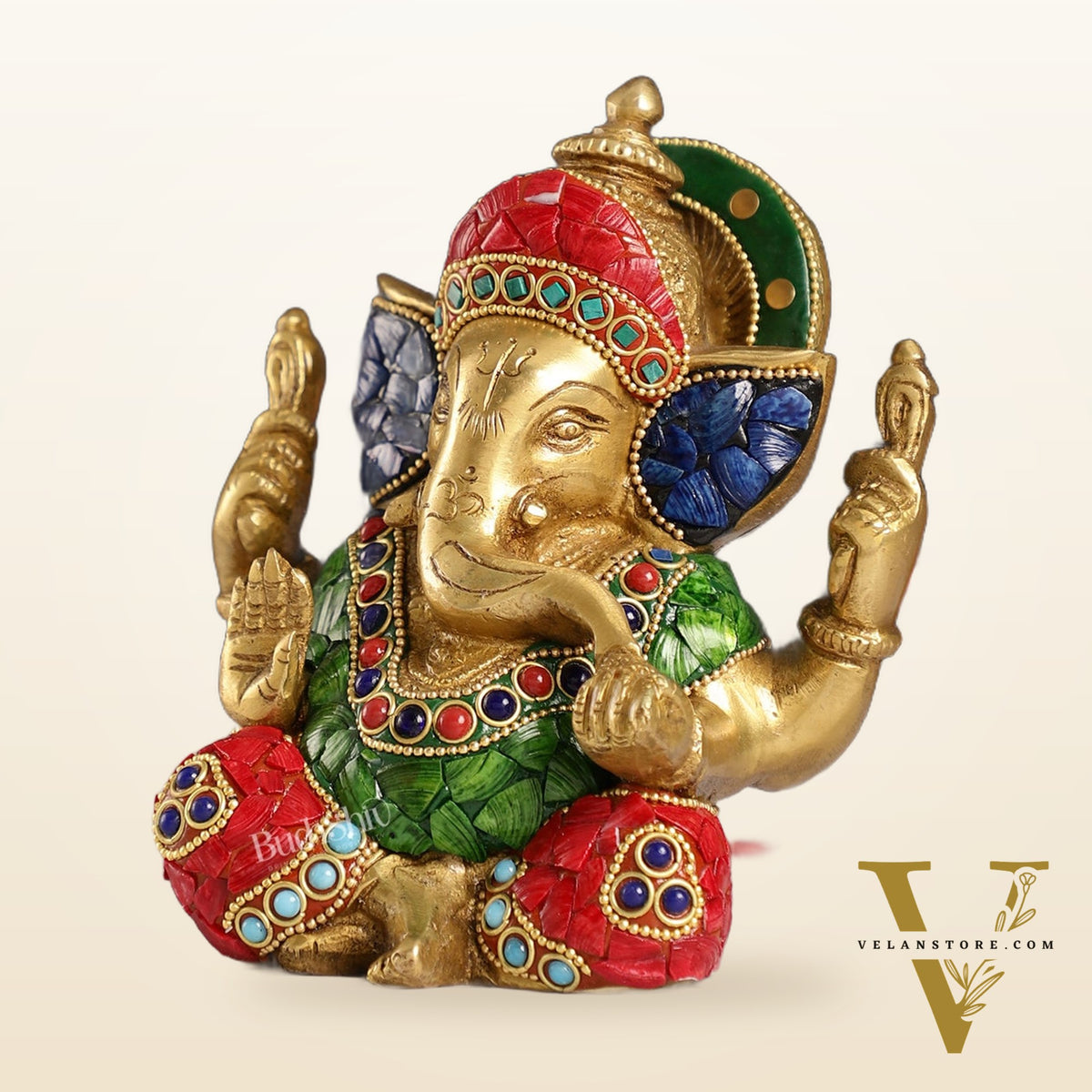 Taj Ganesha brass idol with meenakari stonework 6"