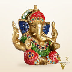Taj Ganesha brass idol with meenakari stonework 6"