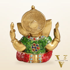 Taj Ganesha brass idol with meenakari stonework 6"