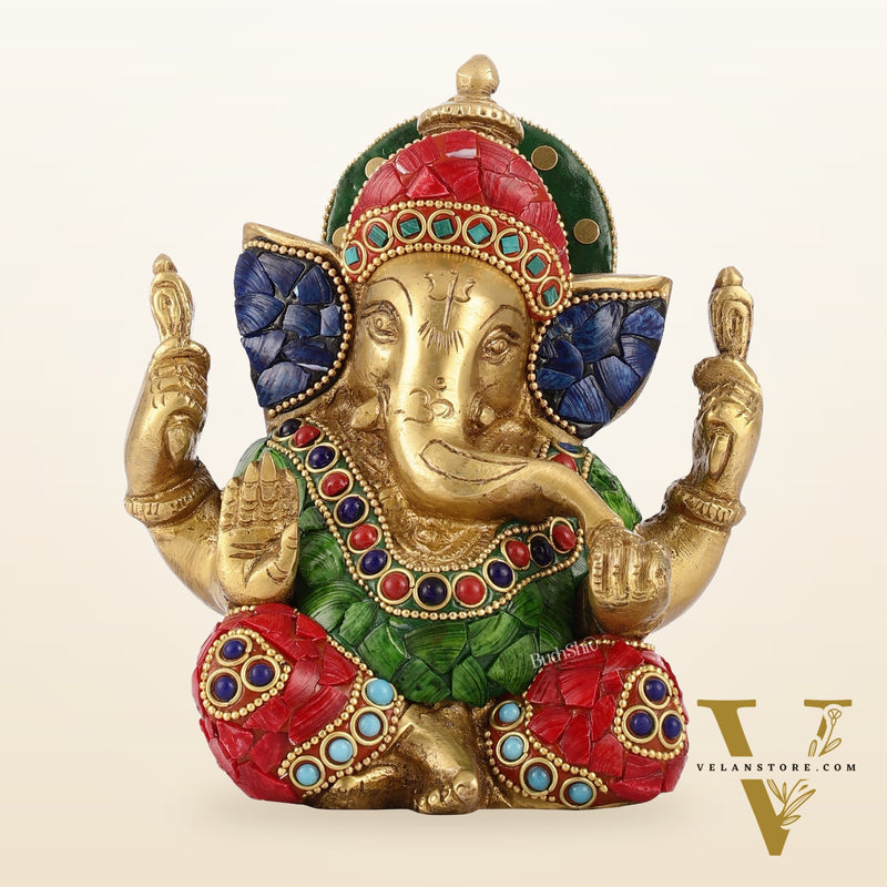 Taj Ganesha brass idol with meenakari stonework 6"