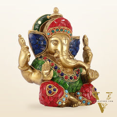 Taj Ganesha brass idol with meenakari stonework 6"