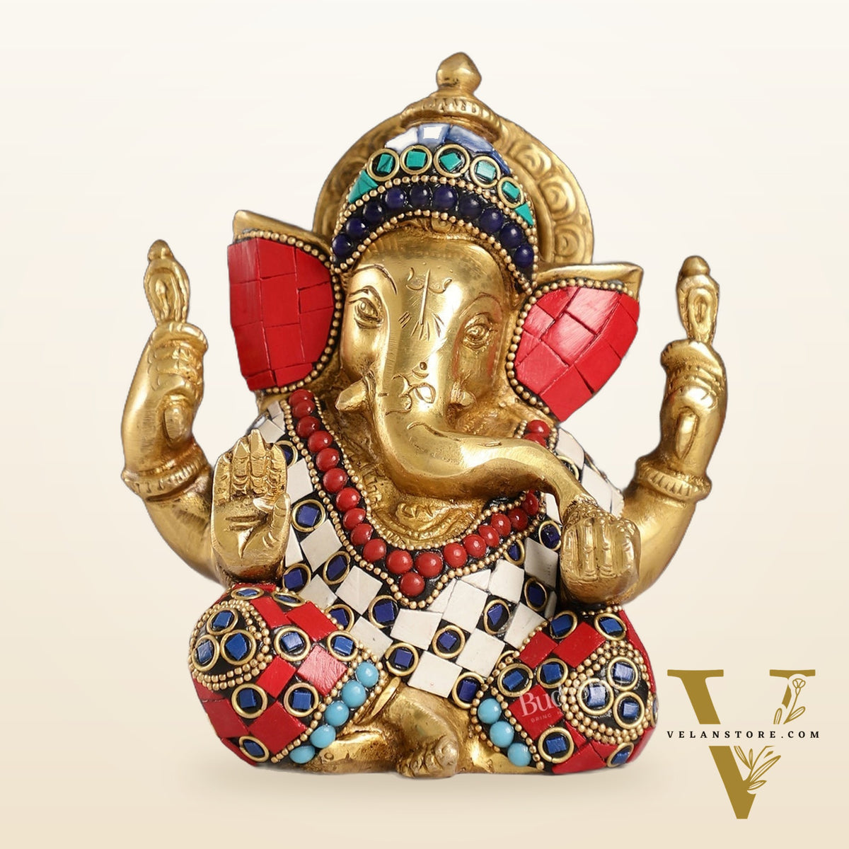 Taj Ganesha brass idol with meenakari stonework 6"