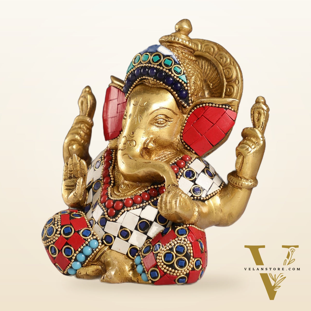 Taj Ganesha brass idol with meenakari stonework 6"