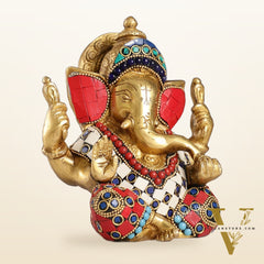 Taj Ganesha brass idol with meenakari stonework 6"