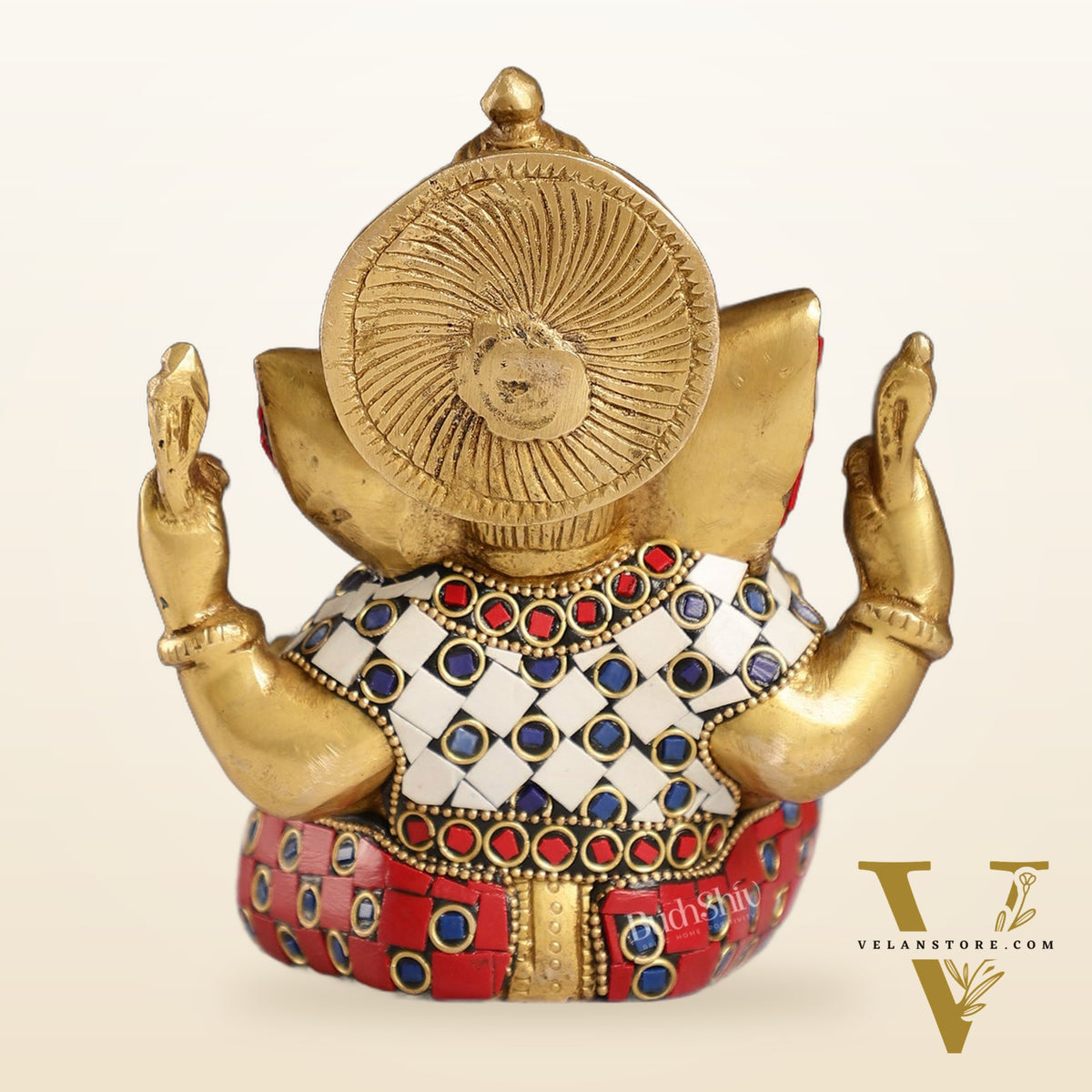 Taj Ganesha brass idol with meenakari stonework 6"