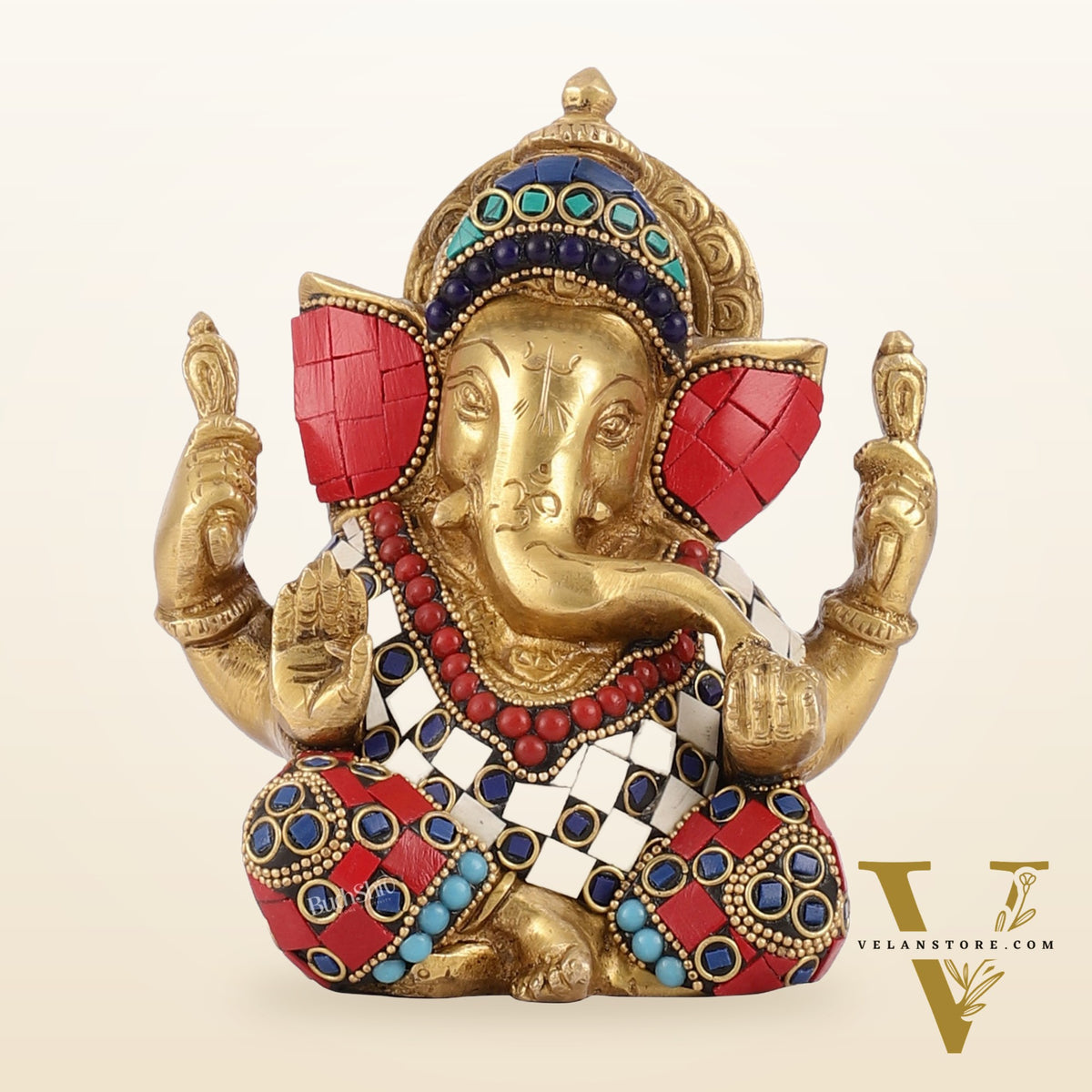 Taj Ganesha brass idol with meenakari stonework 6"