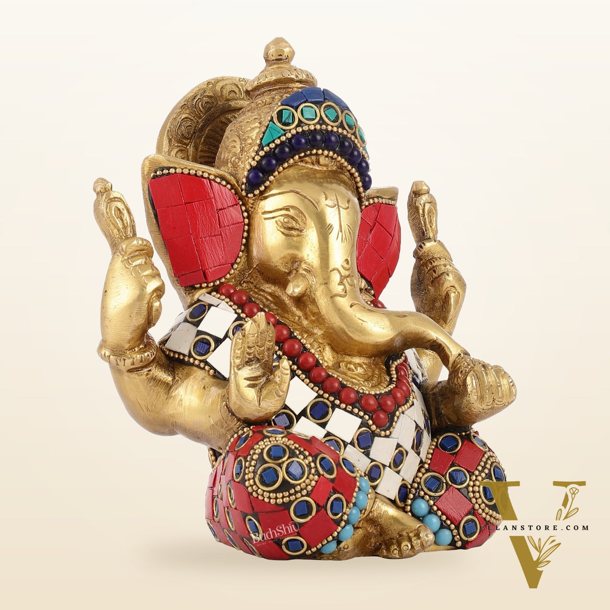 Taj Ganesha brass idol with meenakari stonework 6"