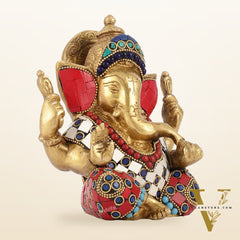 Taj Ganesha brass idol with meenakari stonework 6"